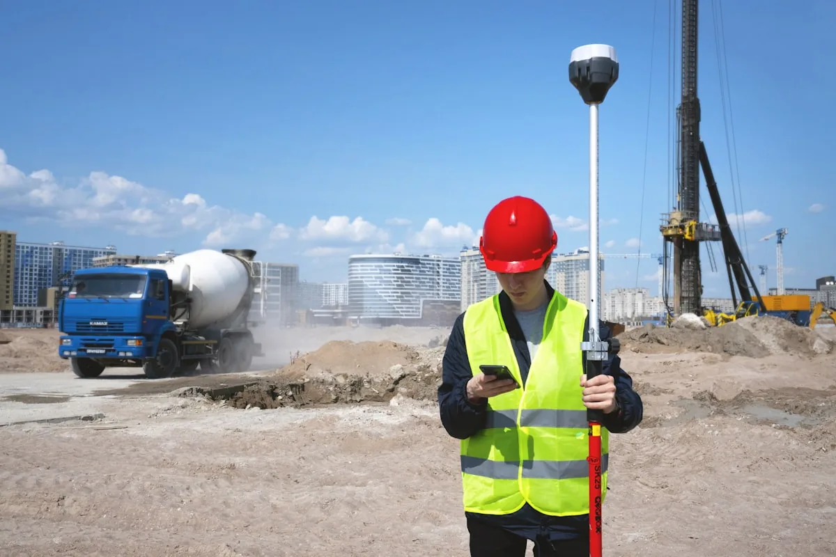 Chef de chantier en gilet de sécurité, téléphone à la main devant un chantier